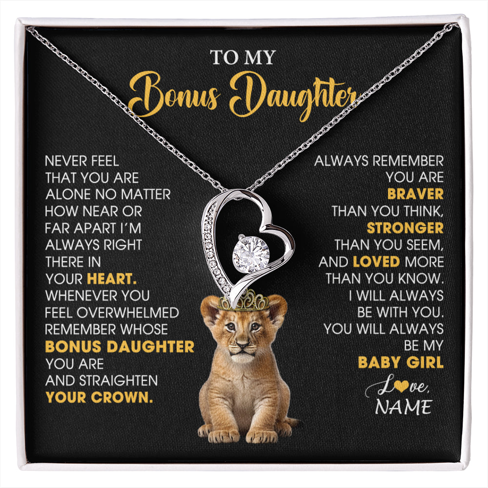 Forever Love Necklace 14K White Gold Finish | 1 | Personalized To My Bonus Daughter Necklace From Stepmom Stepdad Never Feel You Are Alone Lion Birthday Gift Stepddaughter Christmas Gift Box Message Card | siriusteestore
