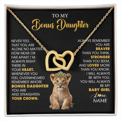 Interlocking Hearts Necklace 18K Yellow Gold Finish | 1 | Personalized To My Bonus Daughter Necklace From Stepmom Stepdad Never Feel You Are Alone Lion Birthday Gift Stepddaughter Christmas Gift Box Message Card | siriusteestore