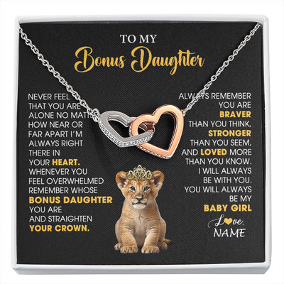 Interlocking Hearts Necklace Stainless Steel & Rose Gold Finish | 1 | Personalized To My Bonus Daughter Necklace From Stepmom Stepdad Never Feel You Are Alone Lion Birthday Gift Stepddaughter Christmas Gift Box Message Card | siriusteestore