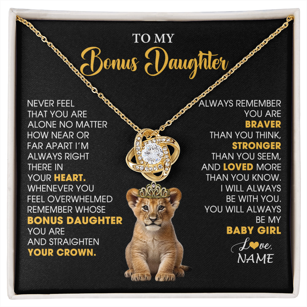 Love Knot Necklace 18K Yellow Gold Finish | 1 | Personalized To My Bonus Daughter Necklace From Stepmom Stepdad Never Feel You Are Alone Lion Birthday Gift Stepddaughter Christmas Gift Box Message Card | siriusteestore