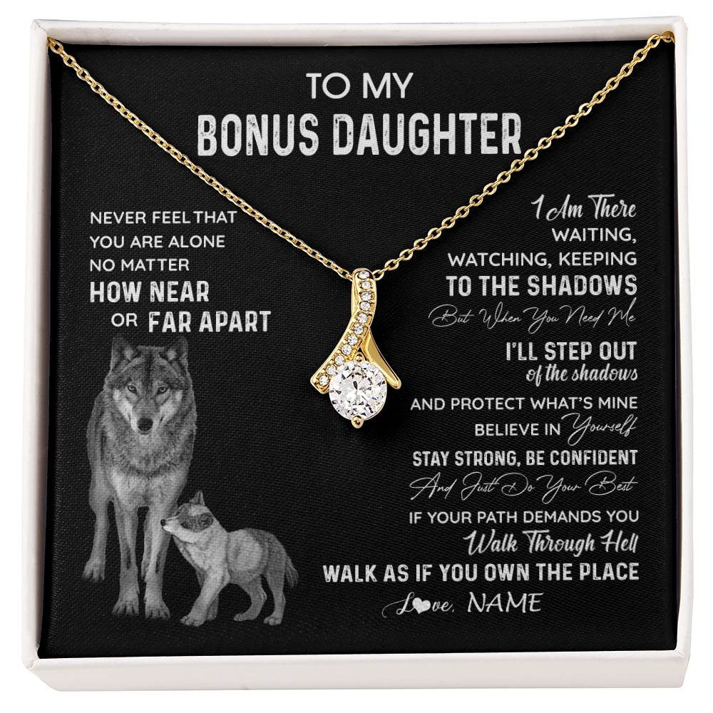 Alluring Beauty Necklace 18K Yellow Gold Finish | 1 | Personalized To My Bonus Daughter Necklace From Stepmom Stepdad Never Feel You Are Alone Wolf Stepdaughter Birthday Christmas Customized Gift Box Message Card | siriusteestore