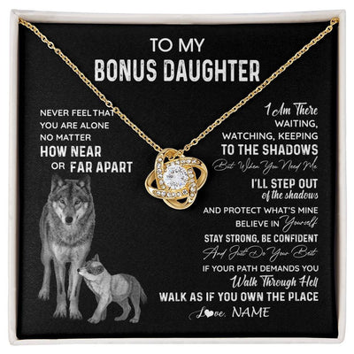 Love Knot Necklace 18K Yellow Gold Finish | 1 | Personalized To My Bonus Daughter Necklace From Stepmom Stepdad Never Feel You Are Alone Wolf Stepdaughter Birthday Christmas Customized Gift Box Message Card | siriusteestore