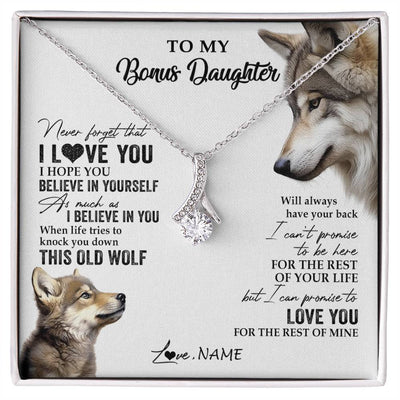 Alluring Beauty Necklace 14K White Gold Finish | 1 | Personalized To My Bonus Daughter Necklace From Stepmom Stepdad This Old Wolf Love You Stepdaughter Birthday Christmas Customized Gift Box Message Card | siriusteestore
