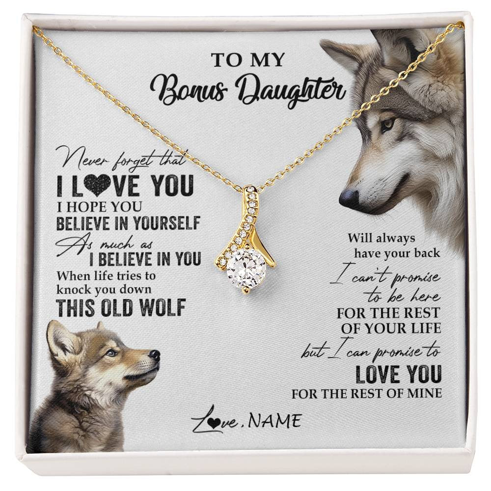 Alluring Beauty Necklace 18K Yellow Gold Finish | 1 | Personalized To My Bonus Daughter Necklace From Stepmom Stepdad This Old Wolf Love You Stepdaughter Birthday Christmas Customized Gift Box Message Card | siriusteestore