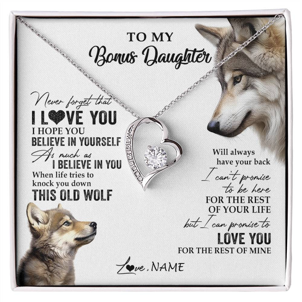 Forever Love Necklace 14K White Gold Finish | 1 | Personalized To My Bonus Daughter Necklace From Stepmom Stepdad This Old Wolf Love You Stepdaughter Birthday Christmas Customized Gift Box Message Card | siriusteestore