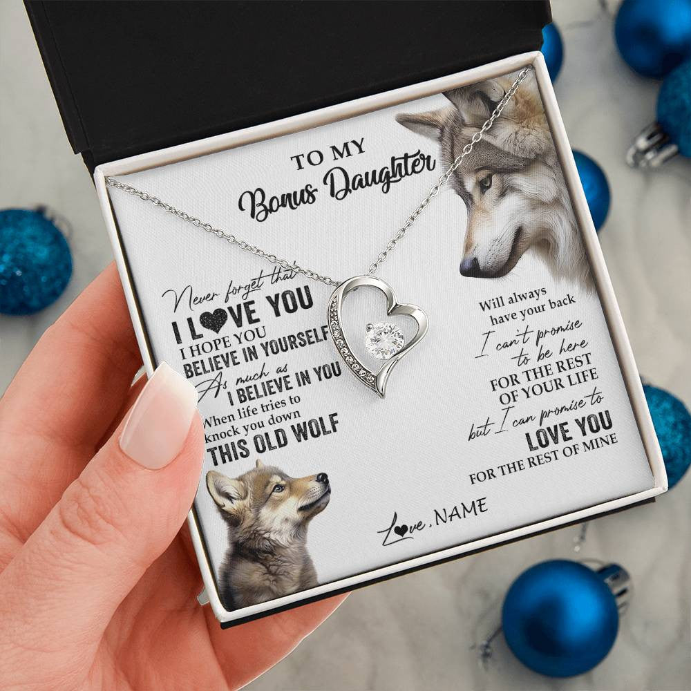Forever Love Necklace 14K White Gold Finish | 2 | Personalized To My Bonus Daughter Necklace From Stepmom Stepdad This Old Wolf Love You Stepdaughter Birthday Christmas Customized Gift Box Message Card | siriusteestore