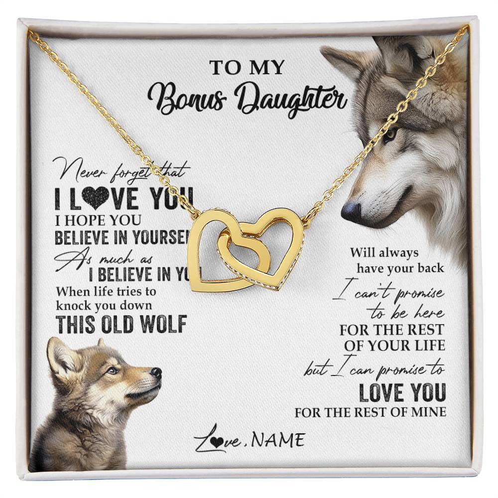 Interlocking Hearts Necklace 18K Yellow Gold Finish | 1 | Personalized To My Bonus Daughter Necklace From Stepmom Stepdad This Old Wolf Love You Stepdaughter Birthday Christmas Customized Gift Box Message Card | siriusteestore