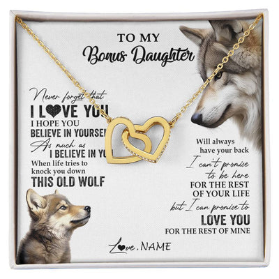 Interlocking Hearts Necklace 18K Yellow Gold Finish | 1 | Personalized To My Bonus Daughter Necklace From Stepmom Stepdad This Old Wolf Love You Stepdaughter Birthday Christmas Customized Gift Box Message Card | siriusteestore