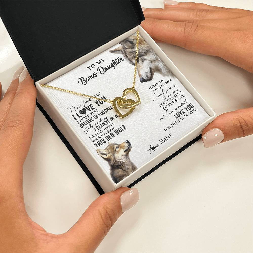 Interlocking Hearts Necklace 18K Yellow Gold Finish | 2 | Personalized To My Bonus Daughter Necklace From Stepmom Stepdad This Old Wolf Love You Stepdaughter Birthday Christmas Customized Gift Box Message Card | siriusteestore