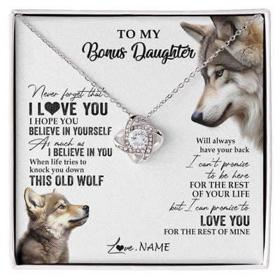 Love Knot Necklace 14K White Gold Finish | 1 | Personalized To My Bonus Daughter Necklace From Stepmom Stepdad This Old Wolf Love You Stepdaughter Birthday Christmas Customized Gift Box Message Card | siriusteestore