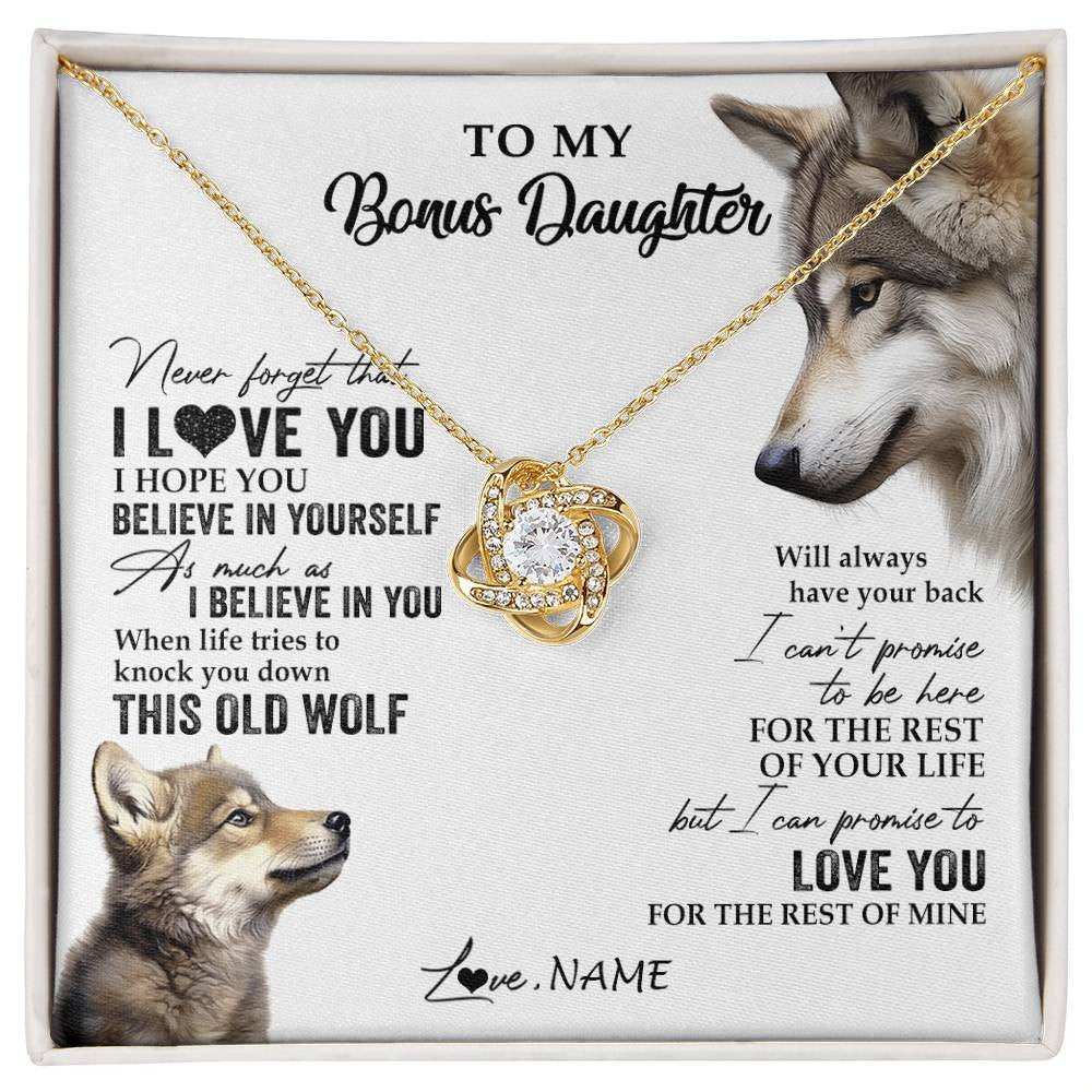 Love Knot Necklace 18K Yellow Gold Finish | 1 | Personalized To My Bonus Daughter Necklace From Stepmom Stepdad This Old Wolf Love You Stepdaughter Birthday Christmas Customized Gift Box Message Card | siriusteestore