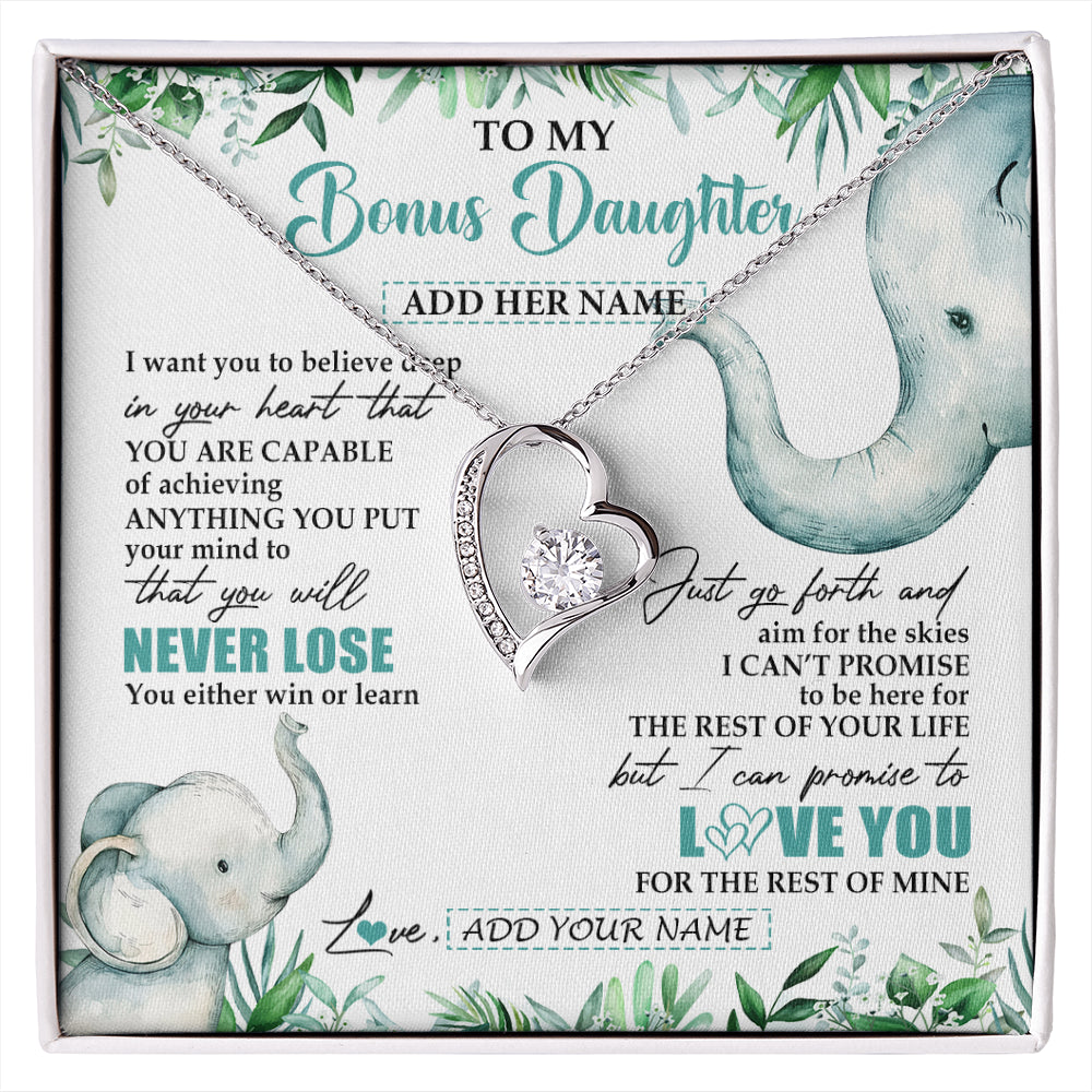 Forever Love Necklace 14K White Gold Finish | 1 | Personalized To My Bonus Daughter Necklace From Stepmom Stepdad You Will Never Lose Elephant Stepdaughter Birthday Gifts Christmas Gift Box Message Card | siriusteestore