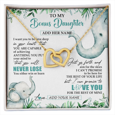 Interlocking Hearts Necklace 18K Yellow Gold Finish | 1 | Personalized To My Bonus Daughter Necklace From Stepmom Stepdad You Will Never Lose Elephant Stepdaughter Birthday Gifts Christmas Gift Box Message Card | siriusteestore