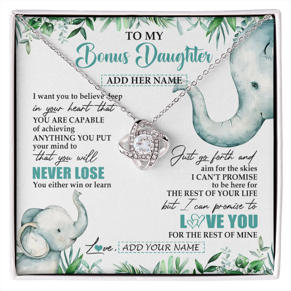 Love Knot Necklace 14K White Gold Finish | 1 | Personalized To My Bonus Daughter Necklace From Stepmom Stepdad You Will Never Lose Elephant Stepdaughter Birthday Gifts Christmas Gift Box Message Card | siriusteestore