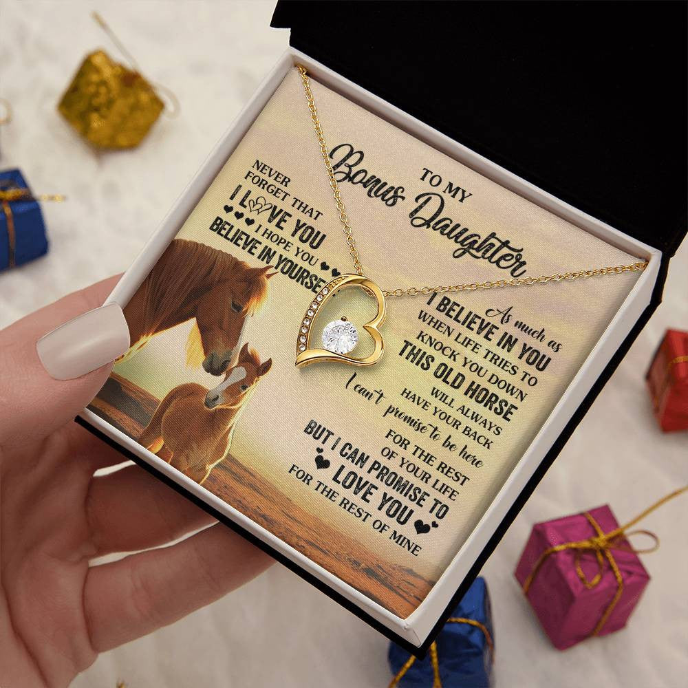 Forever Love Necklace 18K Yellow Gold Finish | 2 | Personalized To My Bonus Daughter Necklace From Stepmom This Old Horse Love You Stepddaughter Birthday Jewelry Christmas Customized Gift Box Message Card | siriusteestore