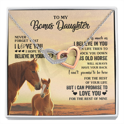 Interlocking Hearts Necklace Stainless Steel & Rose Gold Finish | 1 | Personalized To My Bonus Daughter Necklace From Stepmom This Old Horse Love You Stepddaughter Birthday Jewelry Christmas Customized Gift Box Message Card | siriusteestore