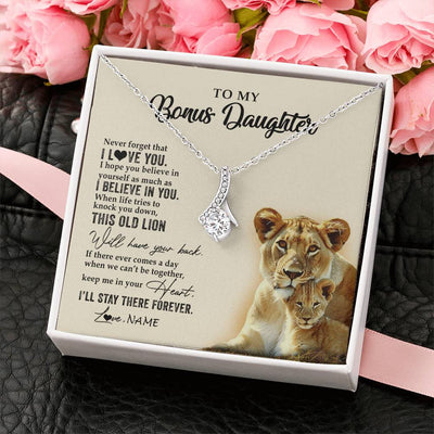 Alluring Beauty Necklace 14K White Gold Finish | 2 | Personalized To My Bonus Daughter Necklace From Stepmom This Old Lion Never Forget I Love You Stepdaughter Birthday Christmas Customized Gift Box Message Card | siriusteestore