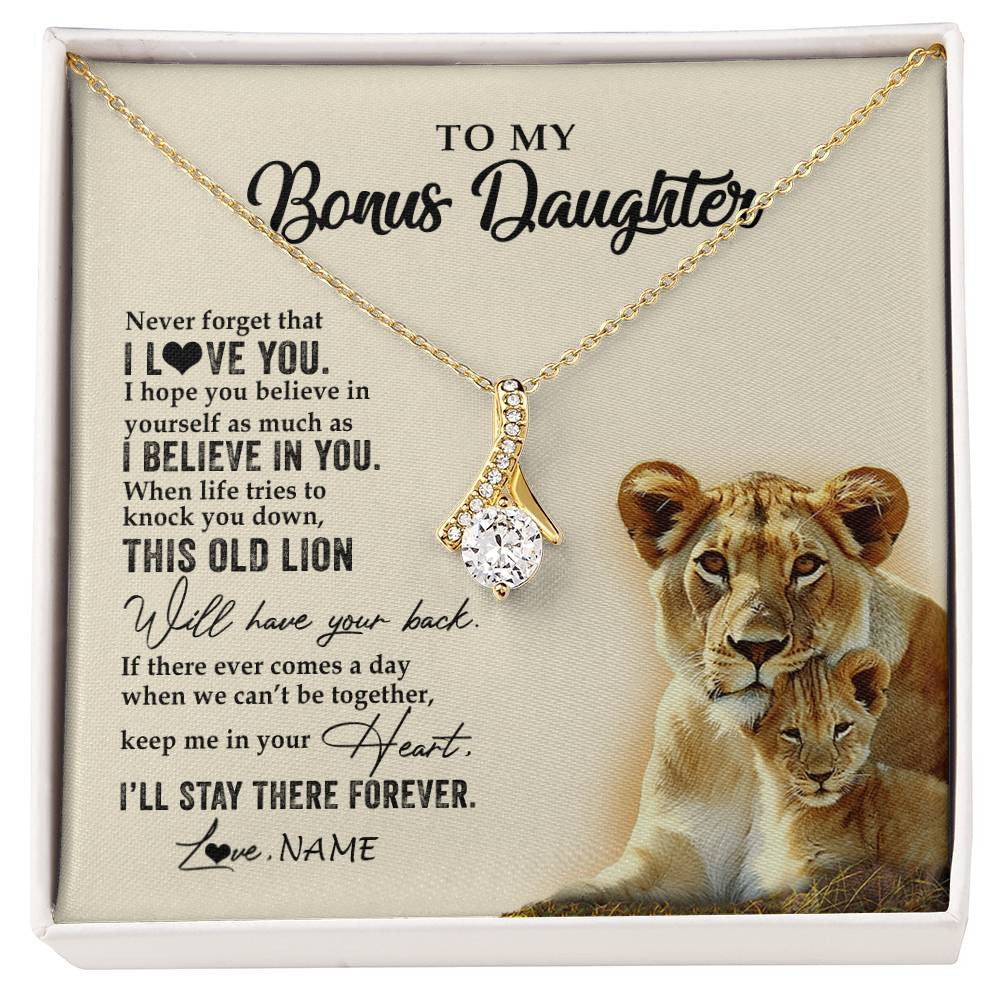 Alluring Beauty Necklace 18K Yellow Gold Finish | 1 | Personalized To My Bonus Daughter Necklace From Stepmom This Old Lion Never Forget I Love You Stepdaughter Birthday Christmas Customized Gift Box Message Card | siriusteestore