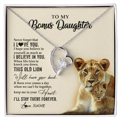 Forever Love Necklace 14K White Gold Finish | 1 | Personalized To My Bonus Daughter Necklace From Stepmom This Old Lion Never Forget I Love You Stepdaughter Birthday Christmas Customized Gift Box Message Card | siriusteestore
