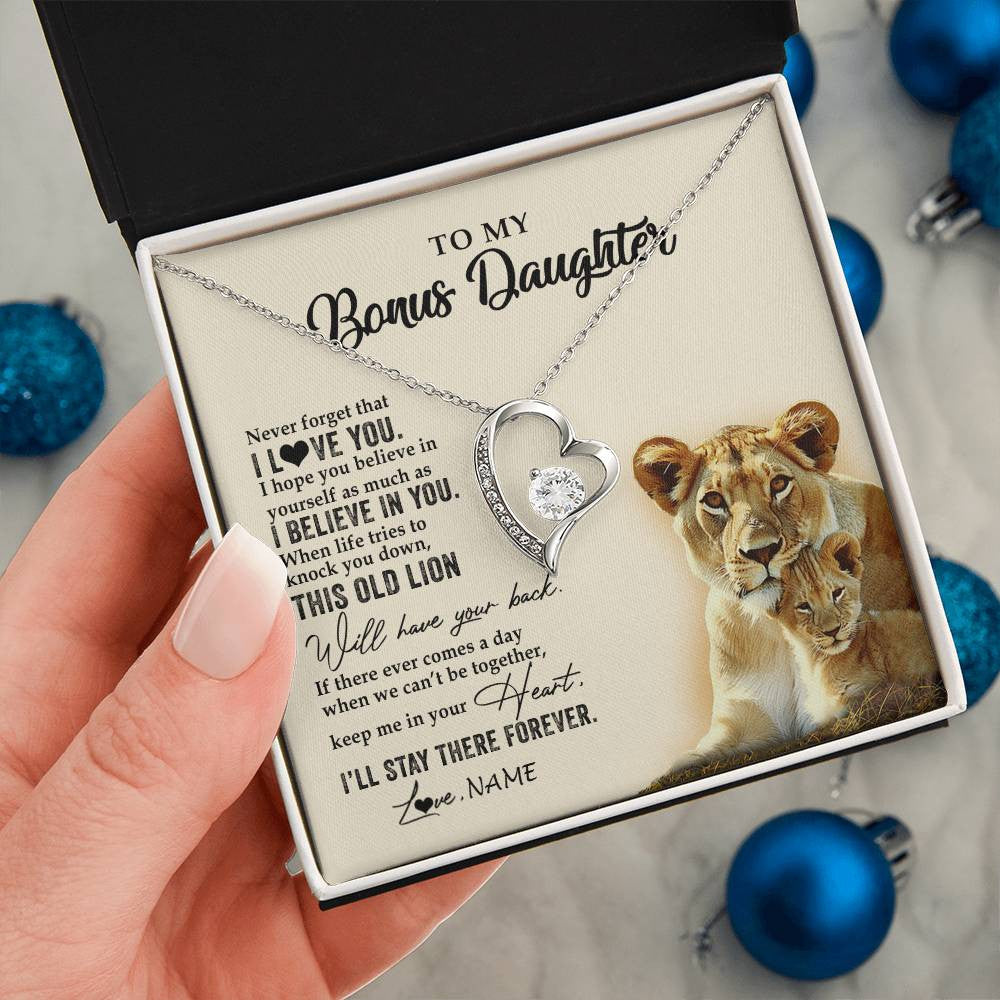 Forever Love Necklace 14K White Gold Finish | 2 | Personalized To My Bonus Daughter Necklace From Stepmom This Old Lion Never Forget I Love You Stepdaughter Birthday Christmas Customized Gift Box Message Card | siriusteestore