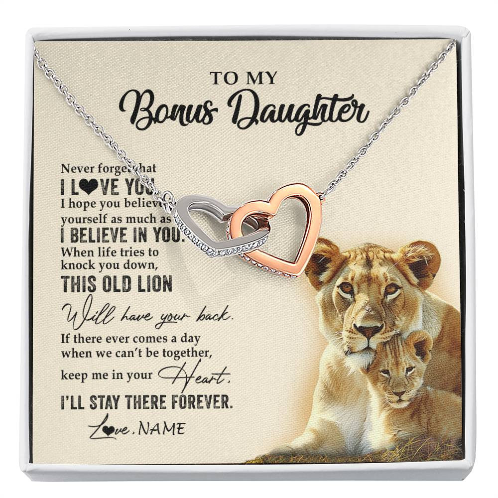 Interlocking Hearts Necklace Stainless Steel & Rose Gold Finish | 1 | Personalized To My Bonus Daughter Necklace From Stepmom This Old Lion Never Forget I Love You Stepdaughter Birthday Christmas Customized Gift Box Message Card | siriusteestore