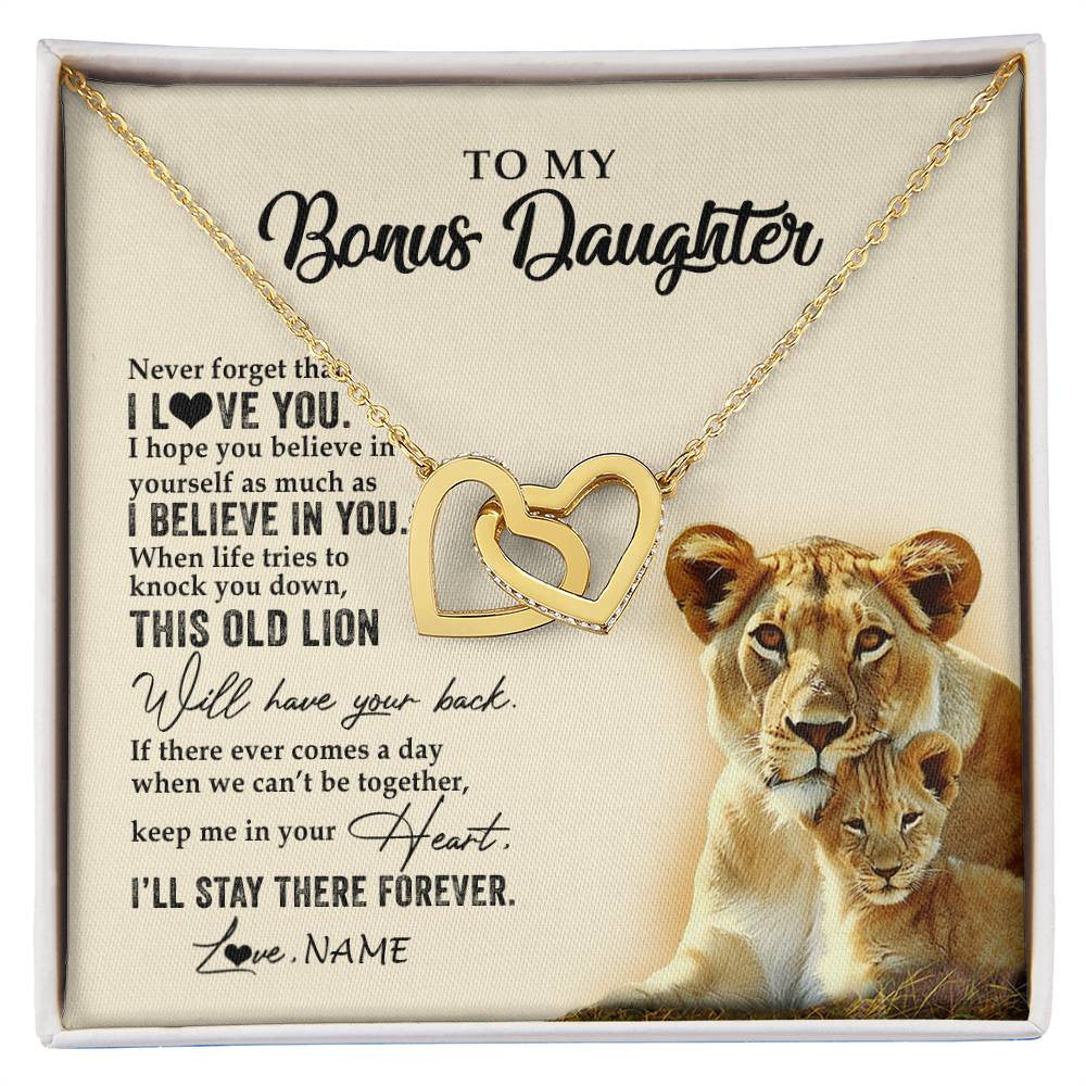Interlocking Hearts Necklace 18K Yellow Gold Finish | 1 | Personalized To My Bonus Daughter Necklace From Stepmom This Old Lion Never Forget I Love You Stepdaughter Birthday Christmas Customized Gift Box Message Card | siriusteestore
