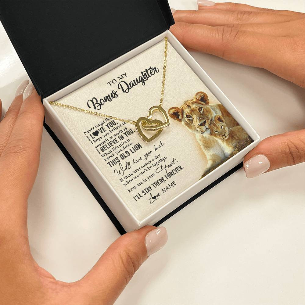 Interlocking Hearts Necklace 18K Yellow Gold Finish | 2 | Personalized To My Bonus Daughter Necklace From Stepmom This Old Lion Never Forget I Love You Stepdaughter Birthday Christmas Customized Gift Box Message Card | siriusteestore