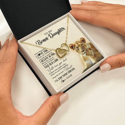 Interlocking Hearts Necklace 18K Yellow Gold Finish | 2 | Personalized To My Bonus Daughter Necklace From Stepmom This Old Lion Never Forget I Love You Stepdaughter Birthday Christmas Customized Gift Box Message Card | siriusteestore