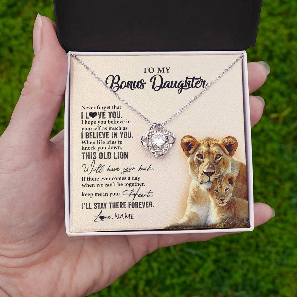 Love Knot Necklace 14K White Gold Finish | 2 | Personalized To My Bonus Daughter Necklace From Stepmom This Old Lion Never Forget I Love You Stepdaughter Birthday Christmas Customized Gift Box Message Card | siriusteestore