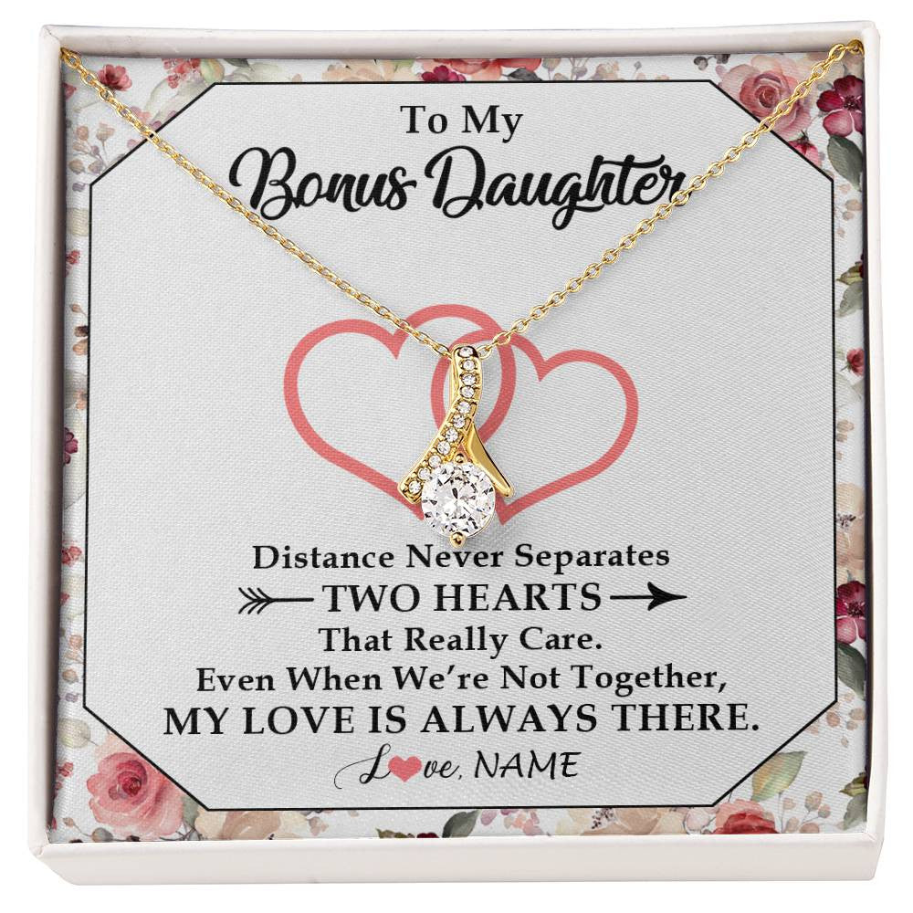 Alluring Beauty Necklace 18K Yellow Gold Finish | 1 | Personalized To My Bonus Daughter Necklace From Stepmom Two Hearts Together Stepdaughter Birthday Christmas Customized Gift Box Message Card | siriusteestore