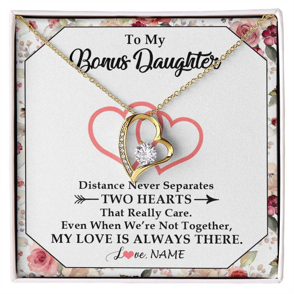 Forever Love Necklace 18K Yellow Gold Finish | 1 | Personalized To My Bonus Daughter Necklace From Stepmom Two Hearts Together Stepdaughter Birthday Christmas Customized Gift Box Message Card | siriusteestore