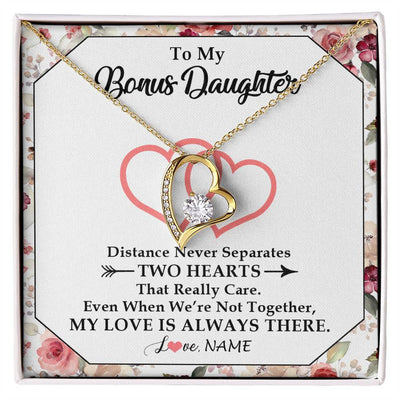 Forever Love Necklace 18K Yellow Gold Finish | 1 | Personalized To My Bonus Daughter Necklace From Stepmom Two Hearts Together Stepdaughter Birthday Christmas Customized Gift Box Message Card | siriusteestore