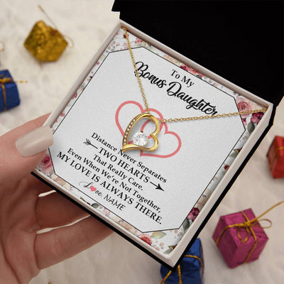 Forever Love Necklace 18K Yellow Gold Finish | 2 | Personalized To My Bonus Daughter Necklace From Stepmom Two Hearts Together Stepdaughter Birthday Christmas Customized Gift Box Message Card | siriusteestore
