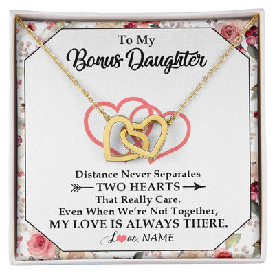 Interlocking Hearts Necklace 18K Yellow Gold Finish | 1 | Personalized To My Bonus Daughter Necklace From Stepmom Two Hearts Together Stepdaughter Birthday Christmas Customized Gift Box Message Card | siriusteestore
