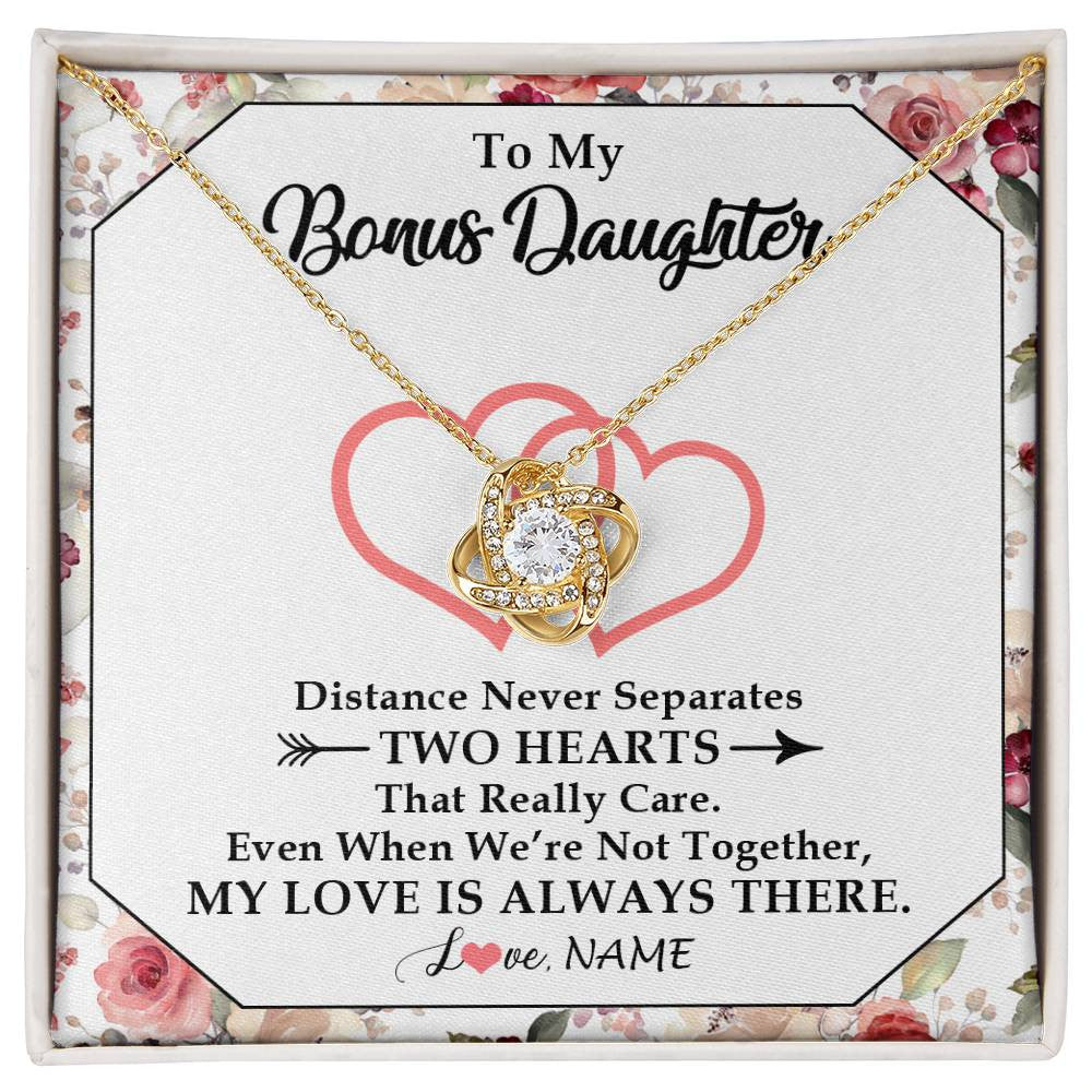 Love Knot Necklace 18K Yellow Gold Finish | 1 | Personalized To My Bonus Daughter Necklace From Stepmom Two Hearts Together Stepdaughter Birthday Christmas Customized Gift Box Message Card | siriusteestore
