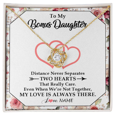 Love Knot Necklace 18K Yellow Gold Finish | 1 | Personalized To My Bonus Daughter Necklace From Stepmom Two Hearts Together Stepdaughter Birthday Christmas Customized Gift Box Message Card | siriusteestore