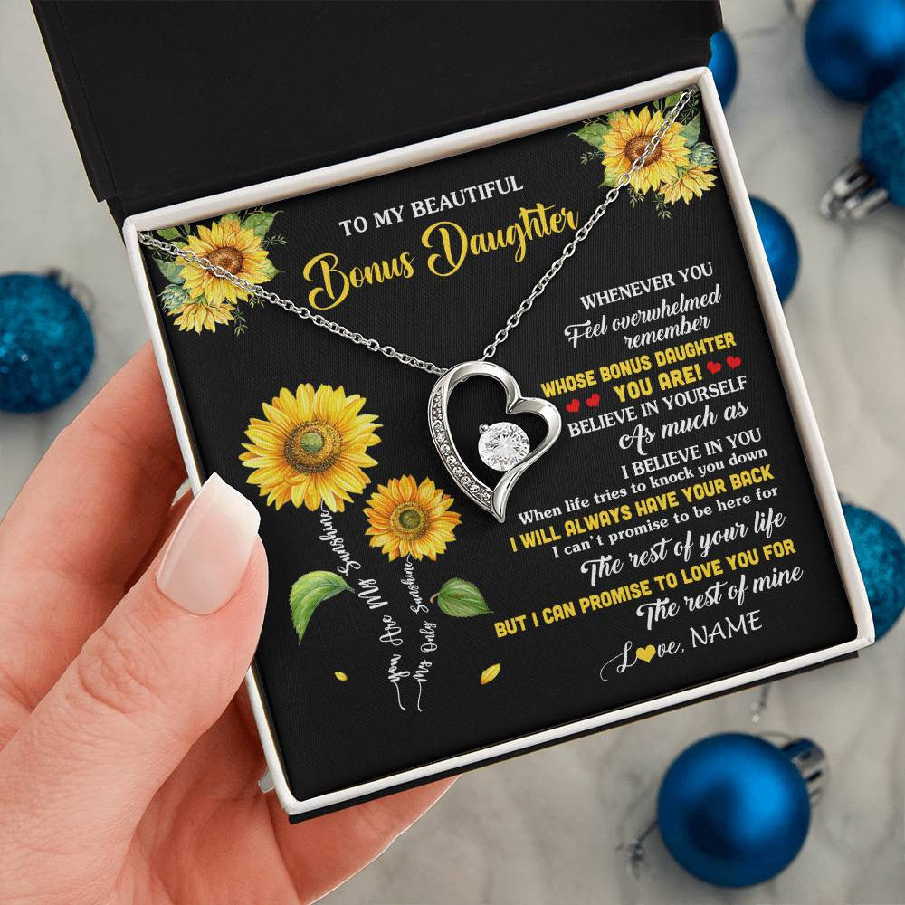 Forever Love Necklace 14K White Gold Finish | 2 | Personalized To My Bonus Daughter Necklace From Stepmom Whenever You Feel Sunflower Stepddaughter Birthday Jewelry Christmas Customized Gift Box Message Card | siriusteestore