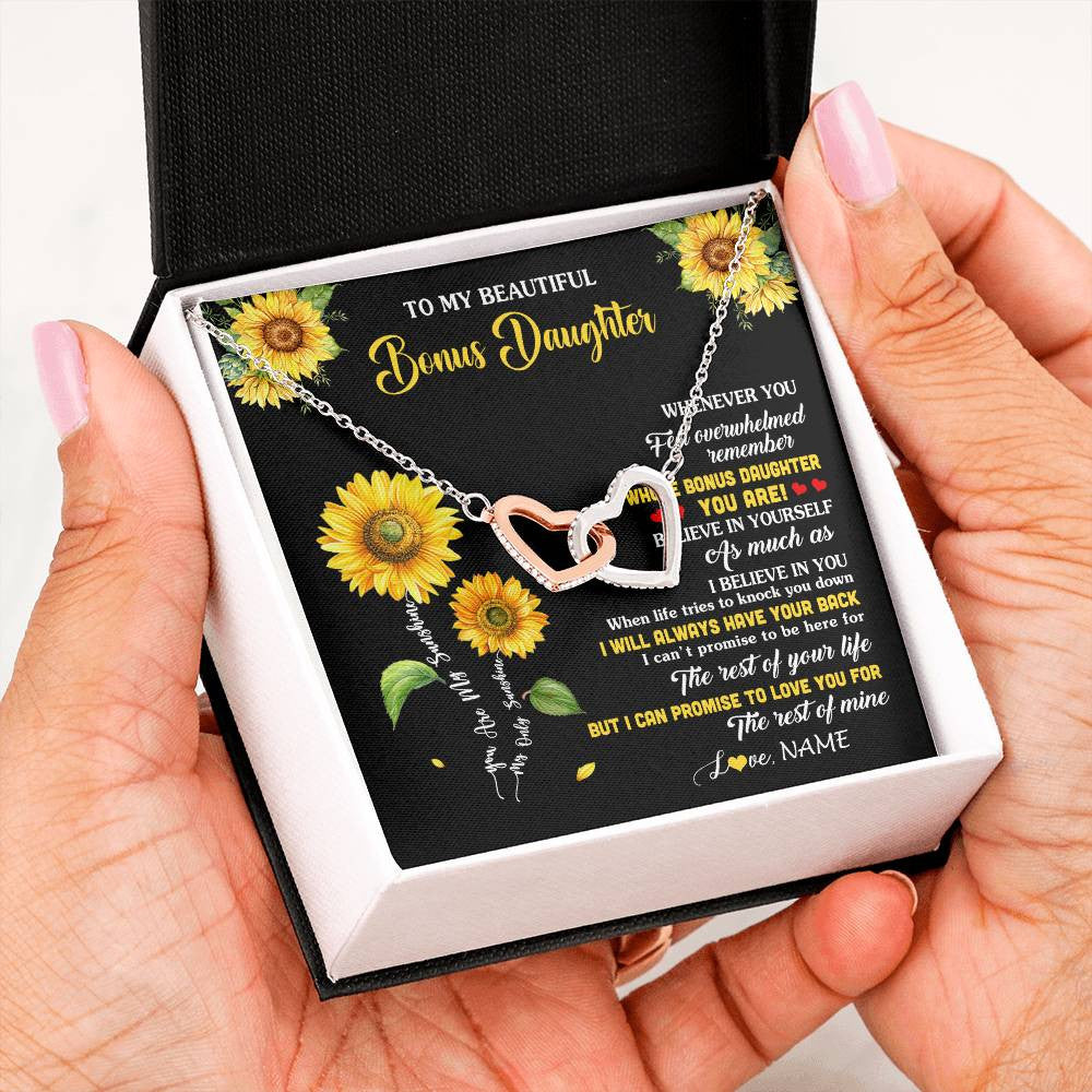 Interlocking Hearts Necklace Stainless Steel & Rose Gold Finish | 2 | Personalized To My Bonus Daughter Necklace From Stepmom Whenever You Feel Sunflower Stepddaughter Birthday Jewelry Christmas Customized Gift Box Message Card | siriusteestore