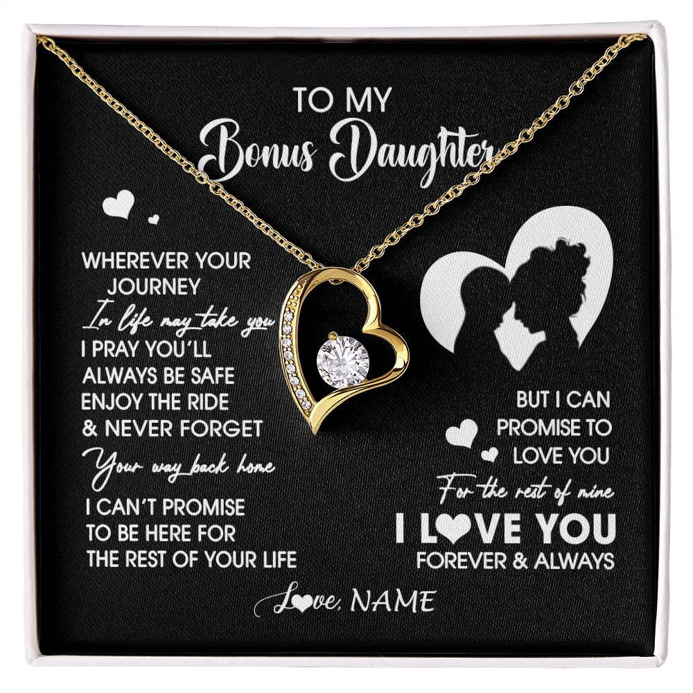 Forever Love Necklace 18K Yellow Gold Finish | 1 | Personalized To My Bonus Daughter Necklace From Stepmom Wherever Your Journey Stepdaughter Birthday Gifts Graduation Christmas Customized Gift Box Message Card | siriusteestore