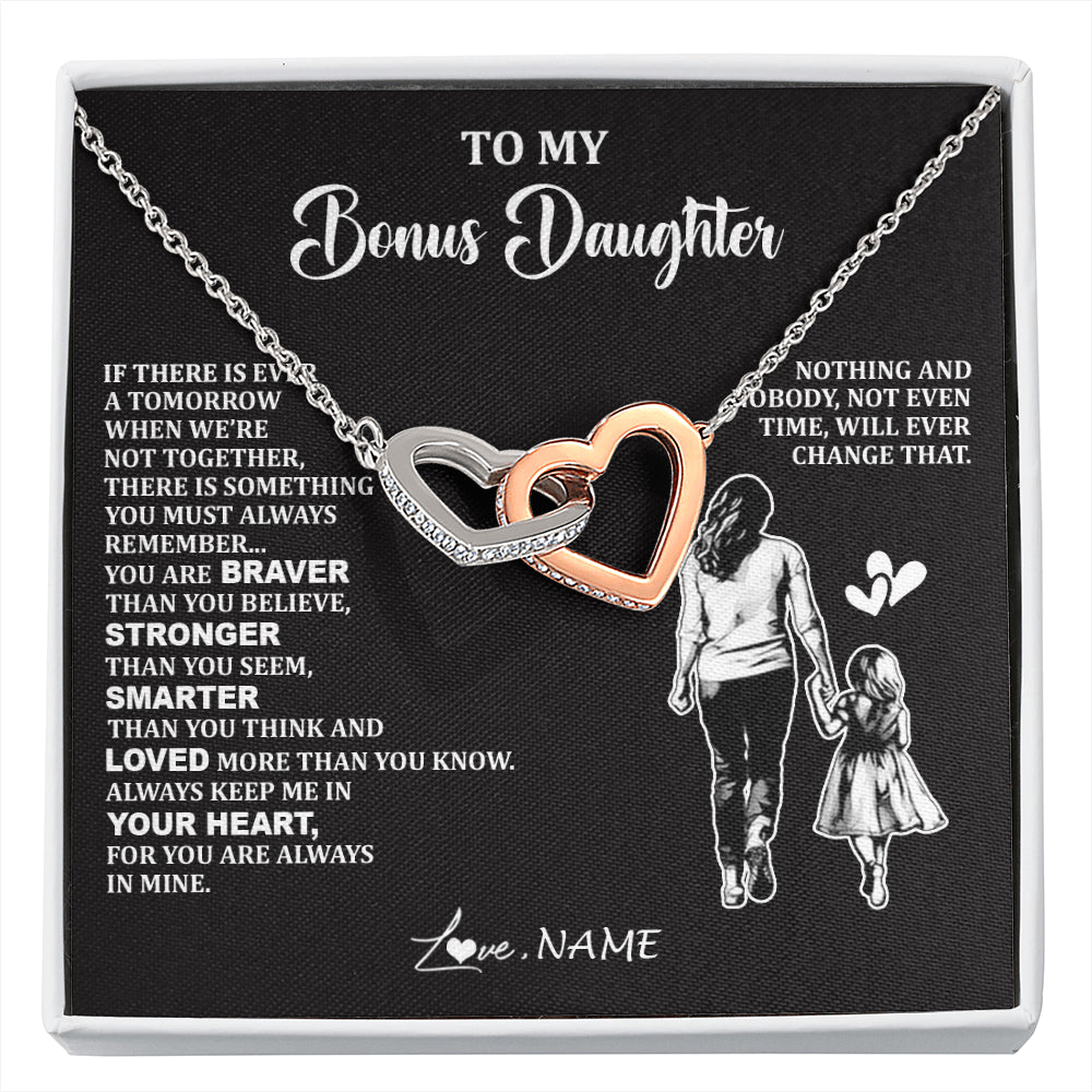 Interlocking Hearts Necklace Stainless Steel & Rose Gold Finish | 1 | Personalized To My Bonus Daughter Necklace From Stepmom You Are Always In Mine Beautiful Stepddaughter Birthday Graduation Christmas With Gift Box Message Card | siriusteestore