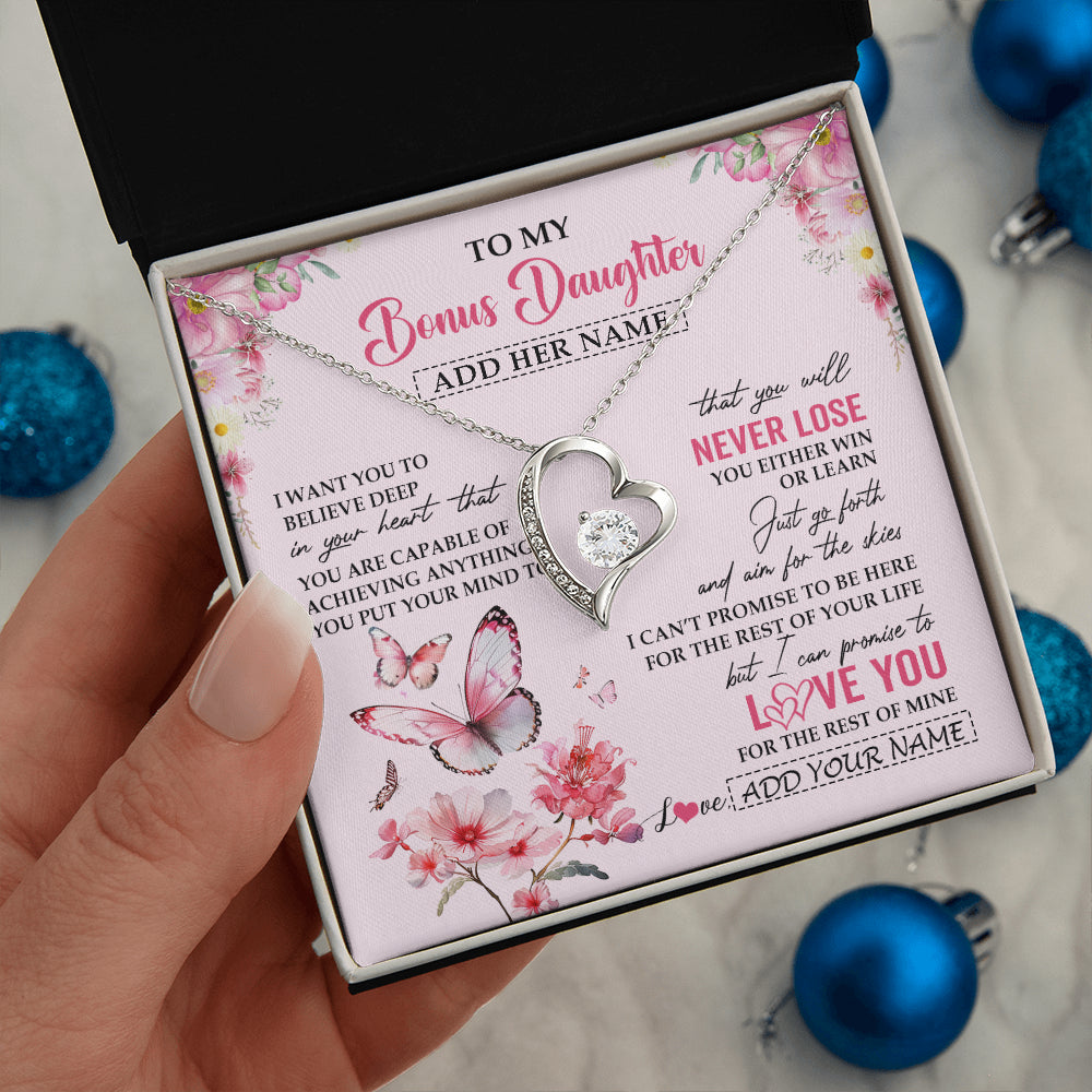 Forever Love Necklace 14K White Gold Finish | 2 | Personalized To My Bonus Daughter Necklace From Stepmom You Will Never Lose Butterfly Stepdaughter Birthday Gifts Graduation Christmas Gift Box Message Card | siriusteestore