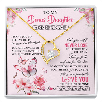 Forever Love Necklace 18K Yellow Gold Finish | 1 | Personalized To My Bonus Daughter Necklace From Stepmom You Will Never Lose Butterfly Stepdaughter Birthday Gifts Graduation Christmas Gift Box Message Card | siriusteestore