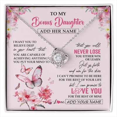 Love Knot Necklace 14K White Gold Finish | 1 | Personalized To My Bonus Daughter Necklace From Stepmom You Will Never Lose Butterfly Stepdaughter Birthday Gifts Graduation Christmas Gift Box Message Card | siriusteestore