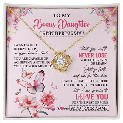 Love Knot Necklace 18K Yellow Gold Finish | 1 | Personalized To My Bonus Daughter Necklace From Stepmom You Will Never Lose Butterfly Stepdaughter Birthday Gifts Graduation Christmas Gift Box Message Card | siriusteestore