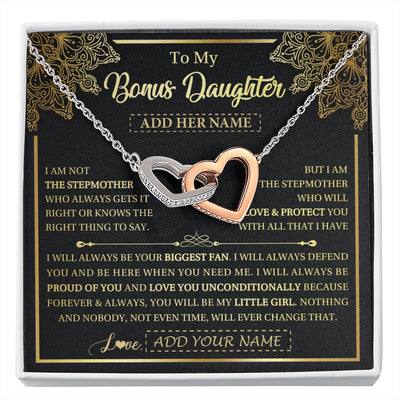 Interlocking Hearts Necklace Stainless Steel & Rose Gold Finish | 1 | Personalized To My Bonus Daughter Necklace From Stepmom Your Biggest Fan Birthday Gifts For Stepdaughter Gifts Christmas Custom Gift Box Message Card | siriusteestore.myshopify