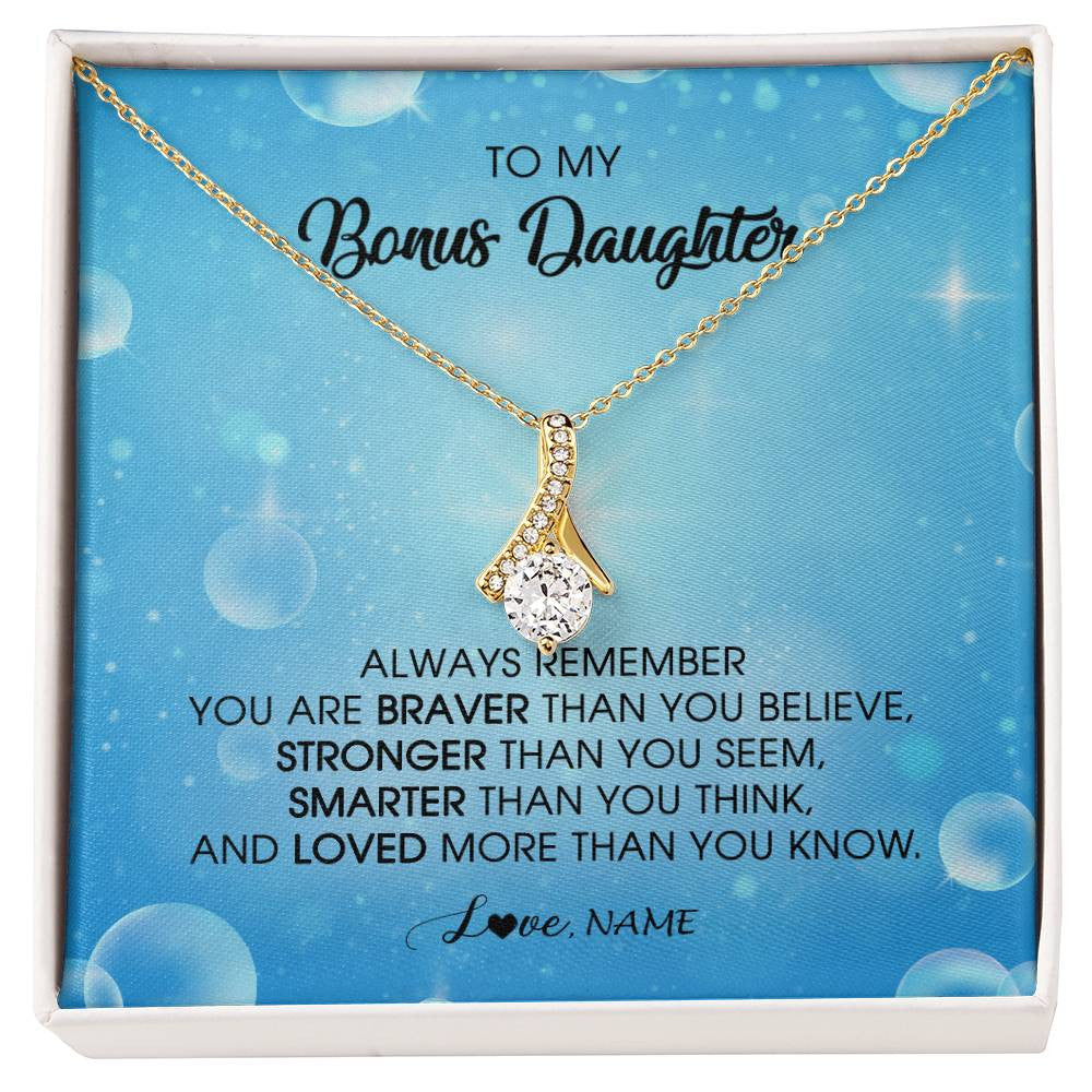 Alluring Beauty Necklace 18K Yellow Gold Finish | Personalized To My Bonus Daughter Necklace From Stepmother Always Remember You Are Braver Stepdaughter Jewelry Birthday Christmas Customized Message Card | siriusteestore