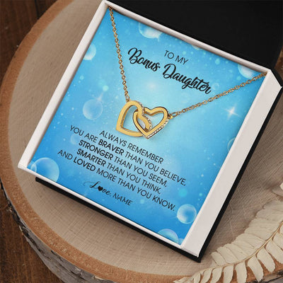 Interlocking Hearts Necklace 18K Yellow Gold Finish | Personalized To My Bonus Daughter Necklace From Stepmother Always Remember You Are Braver Stepdaughter Jewelry Birthday Christmas Customized Message Card | siriusteestore