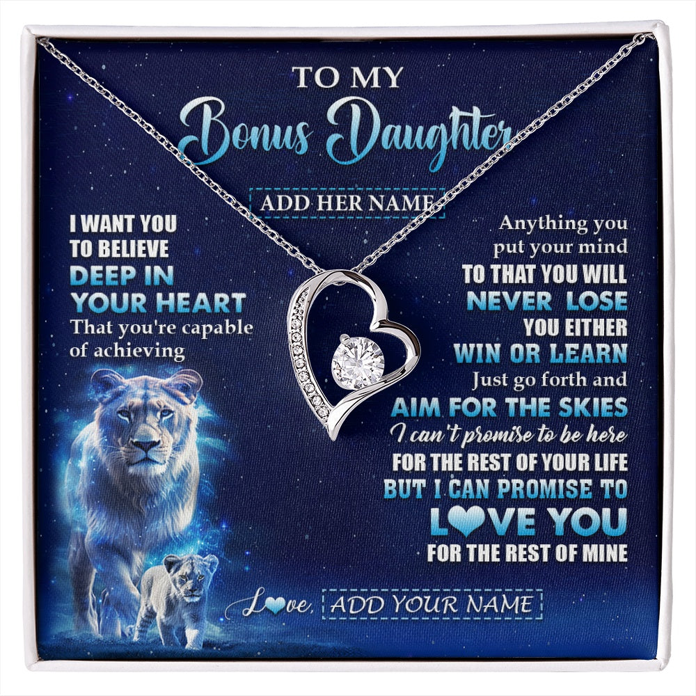 Forever Love Necklace 14K White Gold Finish | 1 | Personalized To My Bonus Daughter Necklace From Stepmother Believe Your Heart Stepdaughter Gift Birthday Graduation Christmas Customized Gift Box Message Card | siriusteestore.myshopify