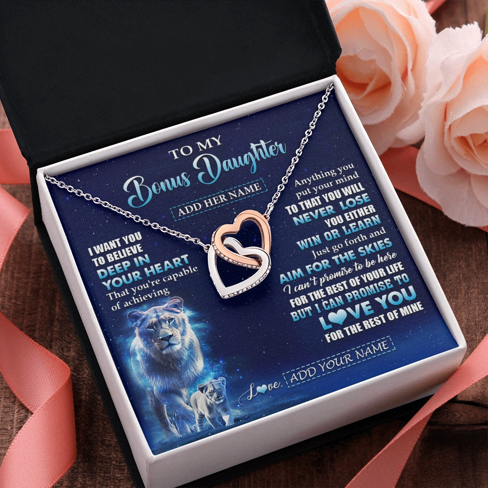 Interlocking Hearts Necklace Stainless Steel & Rose Gold Finish | 2 | Personalized To My Bonus Daughter Necklace From Stepmother Believe Your Heart Stepdaughter Gift Birthday Graduation Christmas Customized Gift Box Message Card | siriusteestore.myshopify