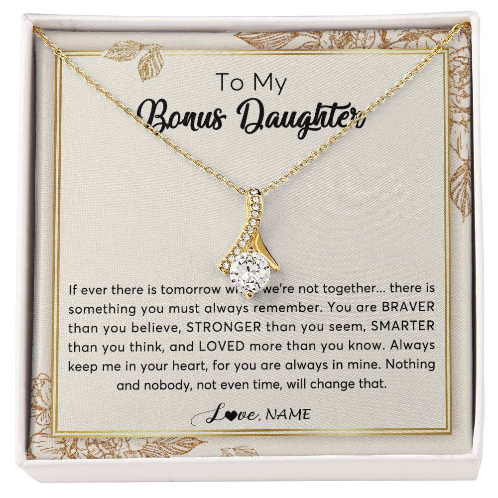 Alluring Beauty Necklace 18K Yellow Gold Finish | Personalized To My Bonus Daughter Necklace From Stepmother Braver Stronger Smarter Loved Daughter Jewelry Birthday Christmas Customized Gift Box Message Card | siriusteestore